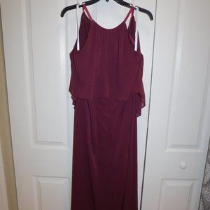 David Bridal High Neck Flounce Top Crinkle Chiffon Dress Wine